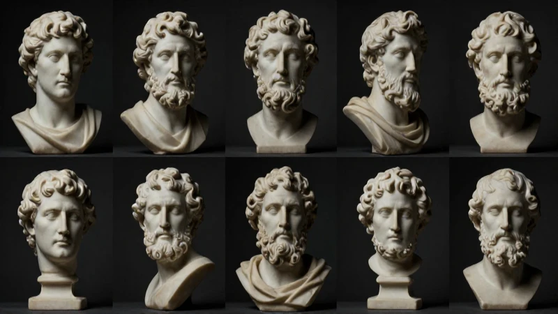Filósofos de la Antigua Grecia: Línea de Tiempo Esencial 4 Bustos de filósofos griegos, iluminación dramática
