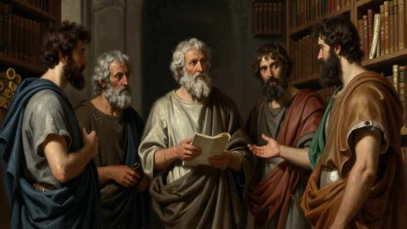 Filósofos antiguos reunidos en una biblioteca oscura