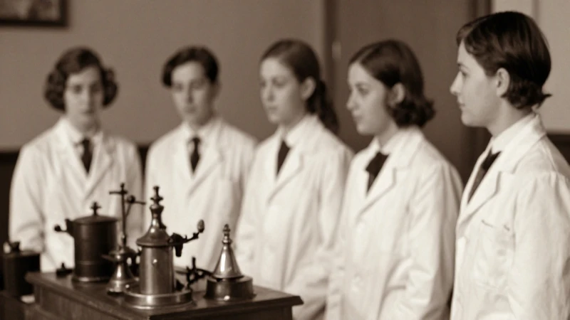 Estudiantes antiguos con equipamiento médico sepia