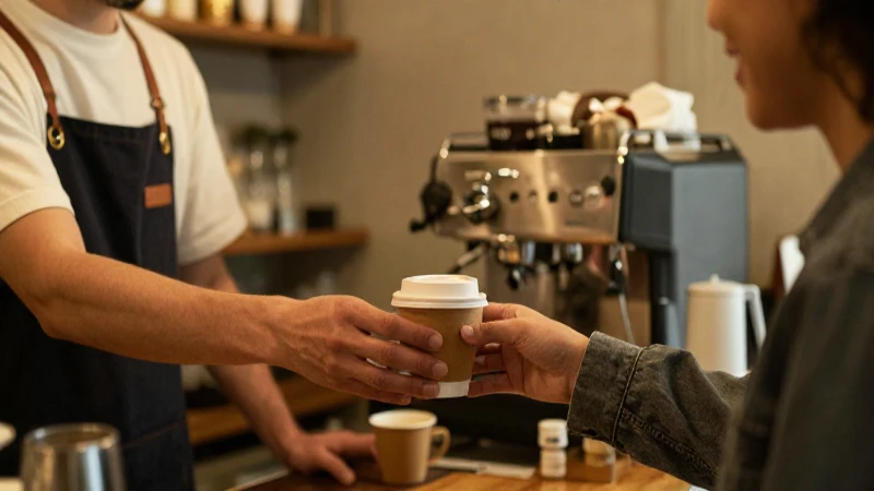 Esquema de Flujos en una Cafetería: Optimizando la Eficiencia y la Experiencia del Cliente 4 Barista sirve café entre cálida luz
