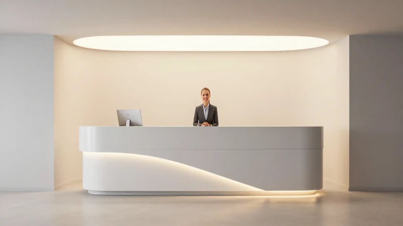 Recepción moderna con luz cálida y agradable