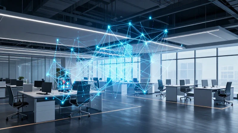 Oficina futurista con red brillante holográfica