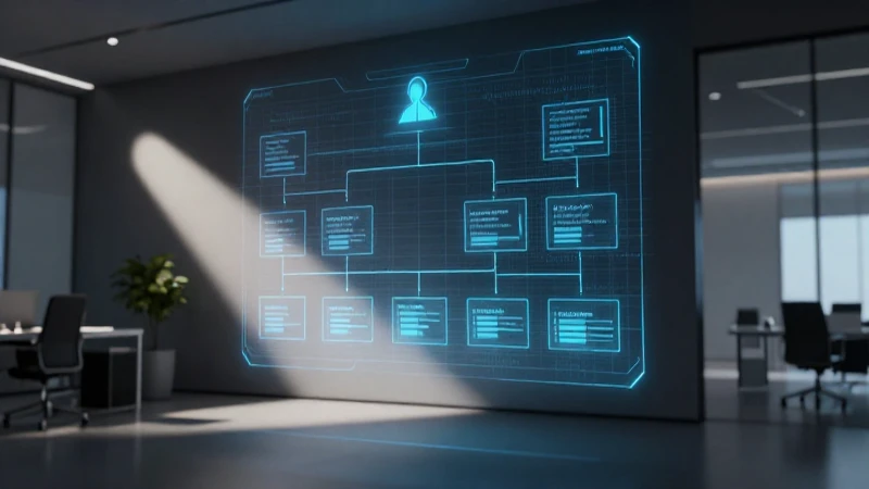 Oficina futurista con holograma e iluminación dramática