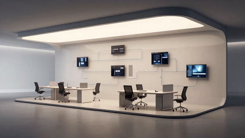 Oficina moderna, diagrama estilizado e iluminación cinematográfica