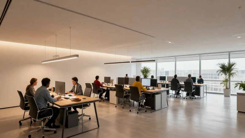 Profesionales colaboran en oficina moderna, iluminada cálidamente