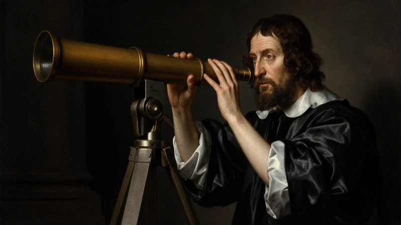 Cuáles son las aportaciones históricas de Galileo Galilei 6 Retrato iluminado dramáticamente con telescopio