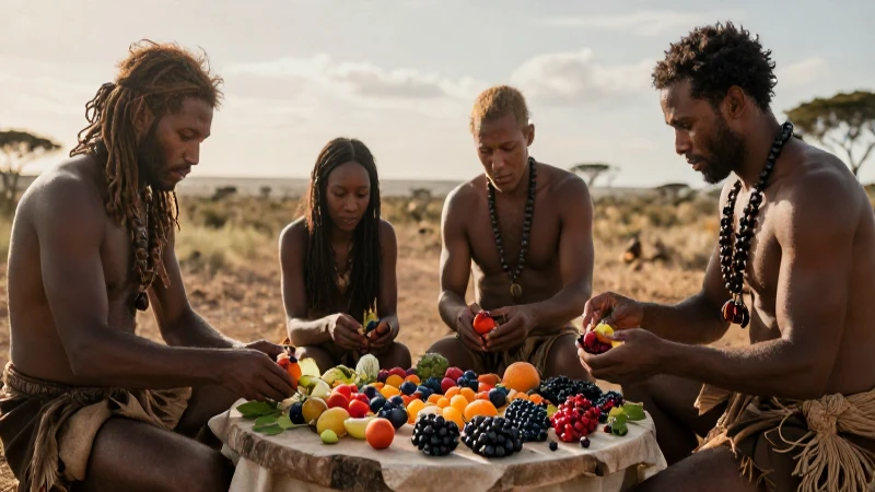 Cazadores-recolectores antiguos, frutas con luz cálida