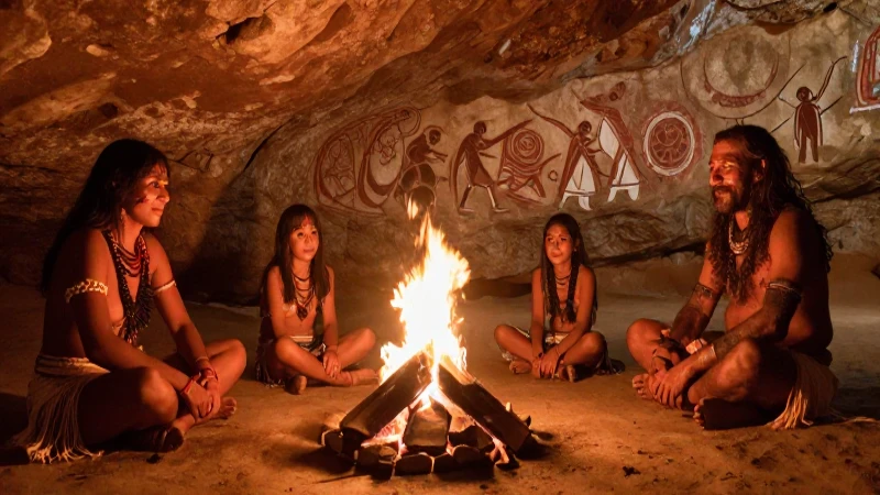 Familia cazadora en cueva con pinturas antiguas
