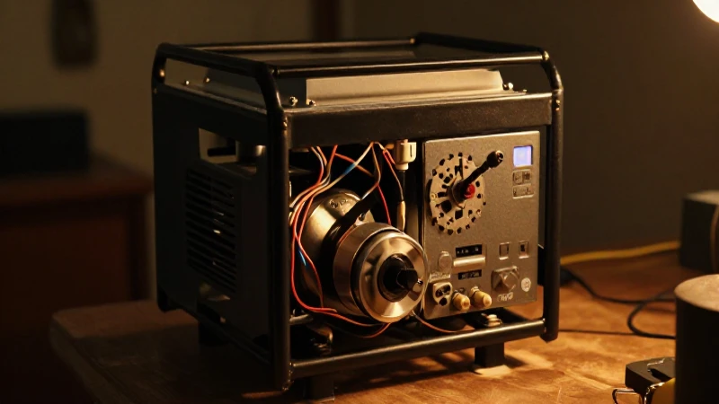 Generador casero, cables expuestos, luz cinematográfica cálida