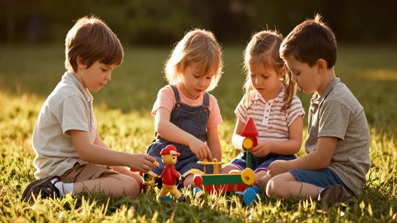 Niños jugando con juguetes antiguos al atardecer
