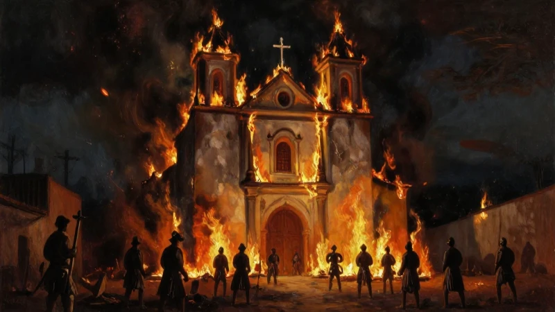 Cuáles son las fechas y eventos clave de la Guerra Cristera 5 Iglesia ardiendo, cristeros desafían bajo luz dramática