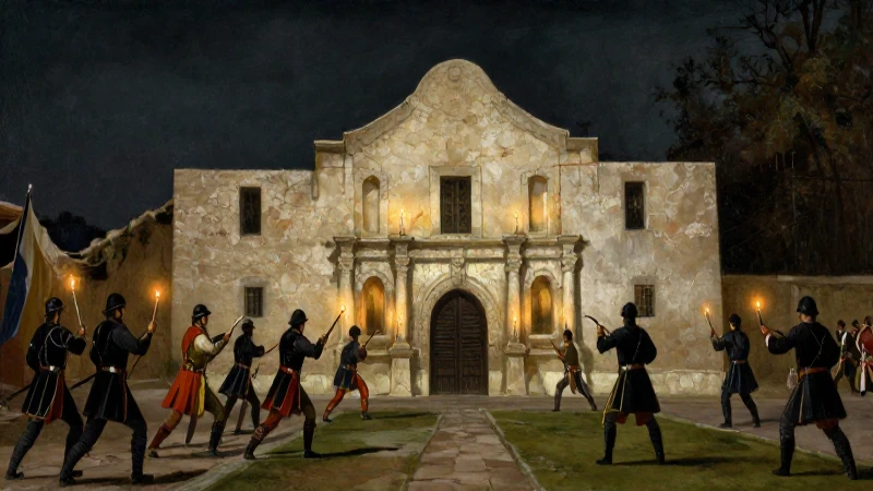 Cuáles fueron los eventos clave de la Guerra de Texas 1836 7 Defensores en el Álamo bajo luz dramática