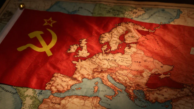 Mapa conceptual y esquema de eventos de la Guerra Fría 11 Mapa antiguo, bandera soviética, luz cinematográfica cálida