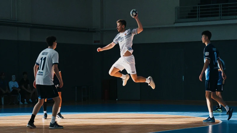 Jugadores de balonmano saltan bajo luz dramática