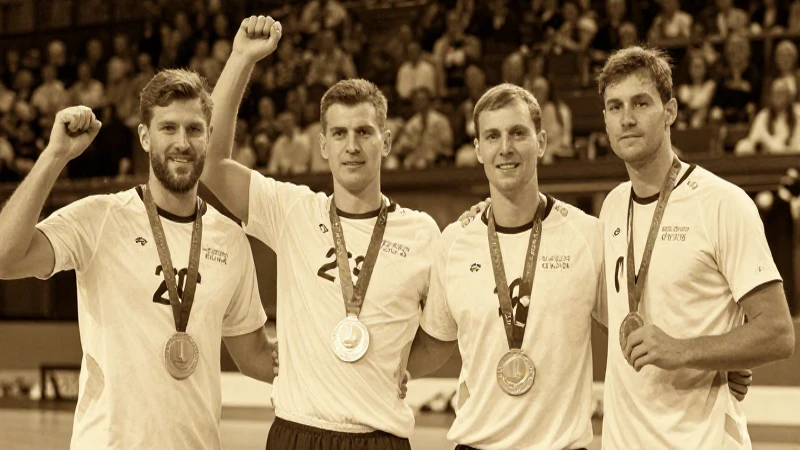 Jugadores de balonmano con medallas doradas