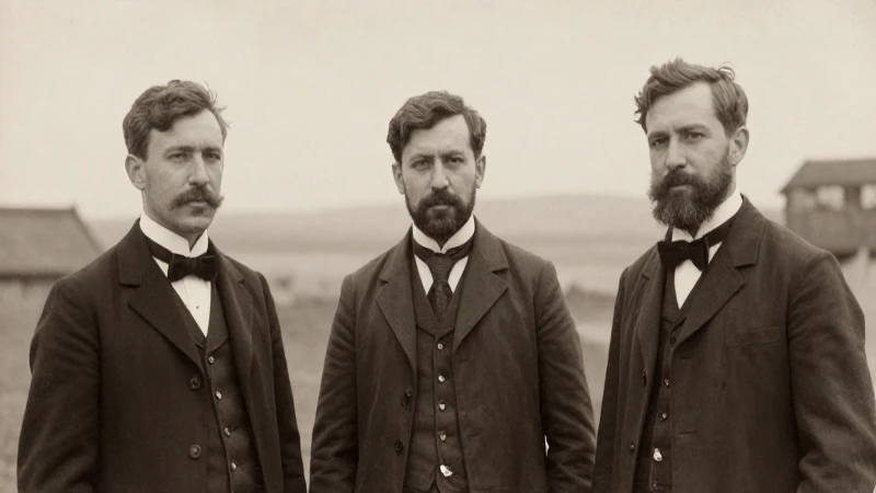 Retrato sepia de tres hombres, suavemente borroso