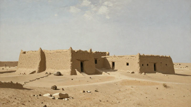 Presidio desértico, pintura histórica, tonos apagados