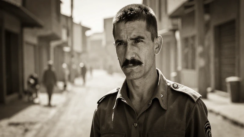 Hombre bigotudo en uniforme, calle polvorienta