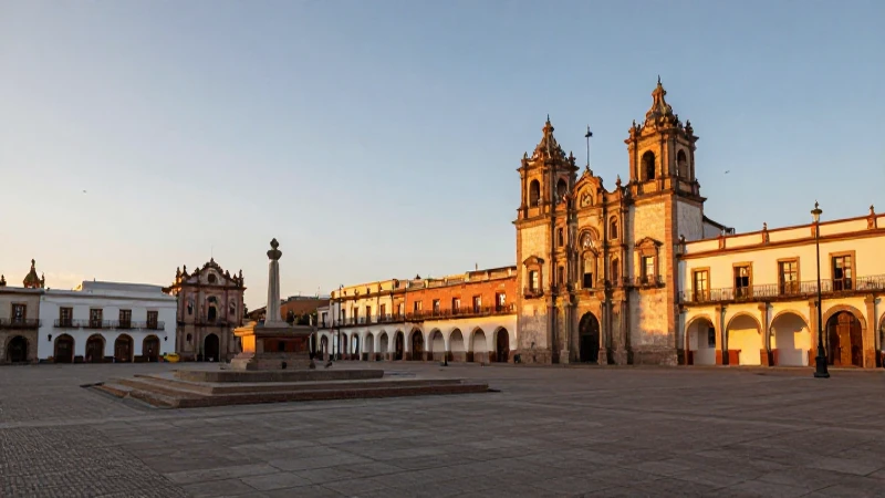 Plaza colonial bañada por luz dorada