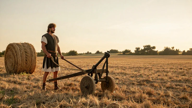 Granjero romano arando al atardecer rural