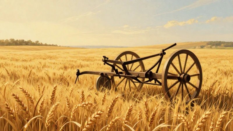 Arado antiguo en trigo al atardecer