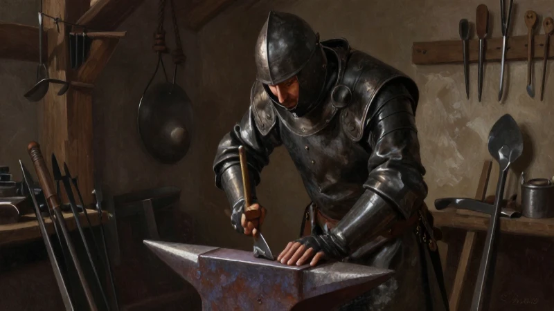 Cuál es la línea del tiempo de la evolución de herramientas humanas 8 Herrero medieval forja herramientas con iluminación dramática