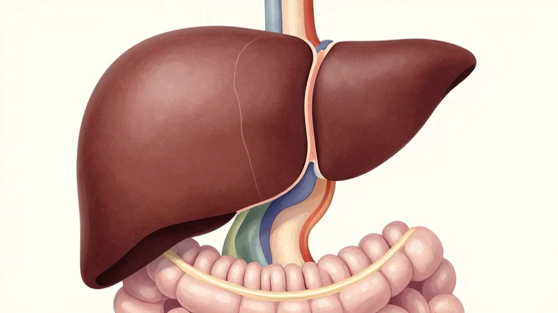 Ilustración científica detallada del hígado y tracto digestivo