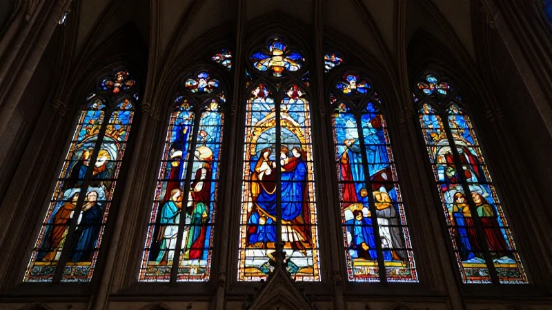 Vitral gótico, luz dramática e interior catedralicio
