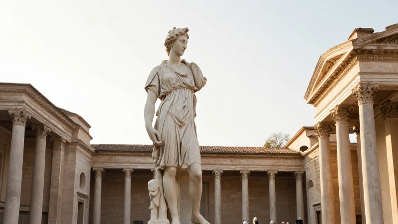 Escultura renacentista en ruinas iluminadas doradamente