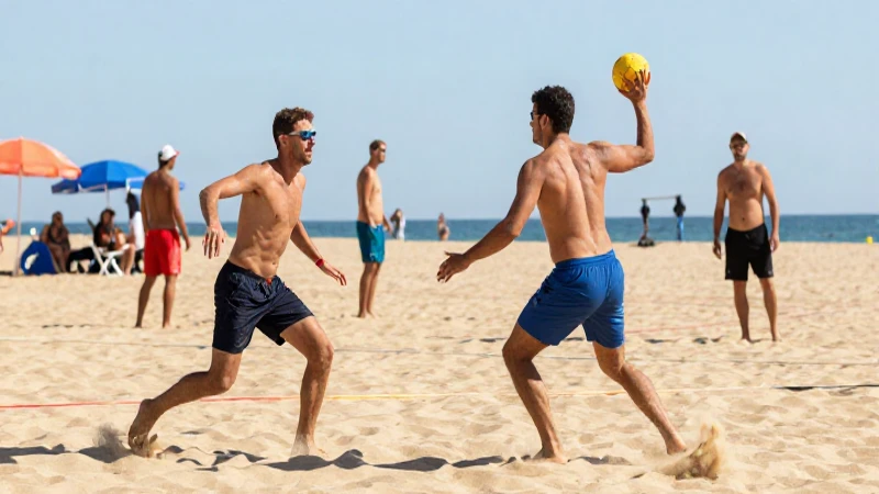 Juego vibrante de balonmano playa bajo el sol