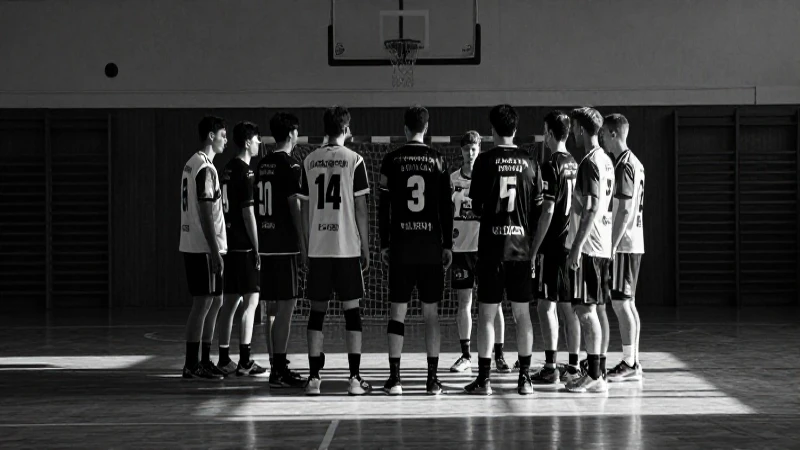 Equipo de balonmano en gimnasio blanco y negro