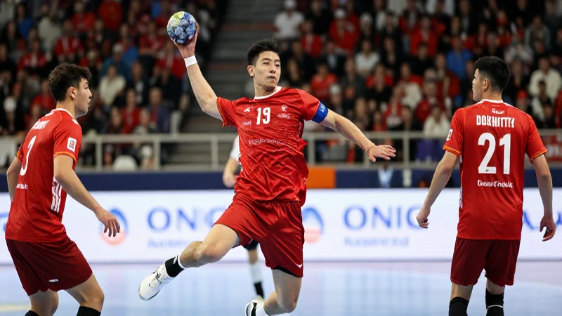 Jugadores dinámicos de balonmano bajo luz vibrante