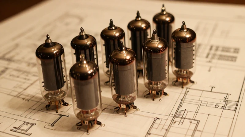 Tubos vintage y transistores sobre plano técnico