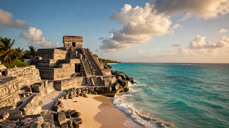 Ruinas mayas, mar turquesa y luz dorada