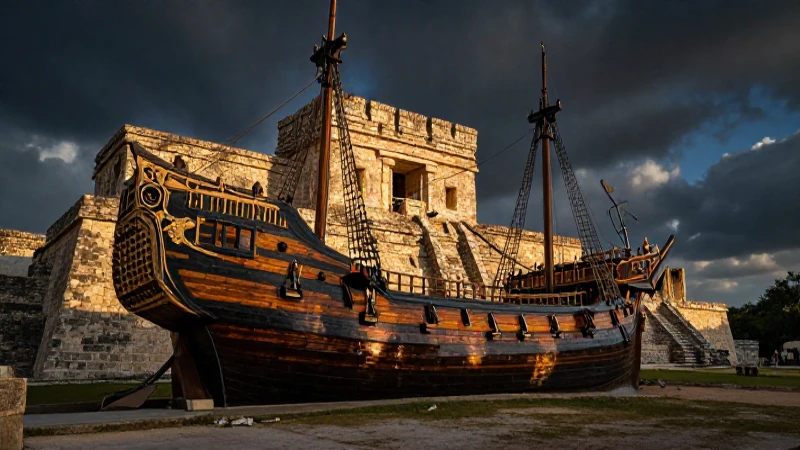 Ruinas mayas, galeón, luz dramática, cinematográfico