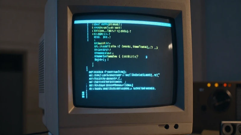 Monitor retro con código brillante y luces cinematográficas