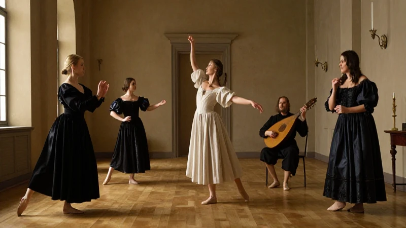 Bailarines renacentistas bajo luz dorada suave