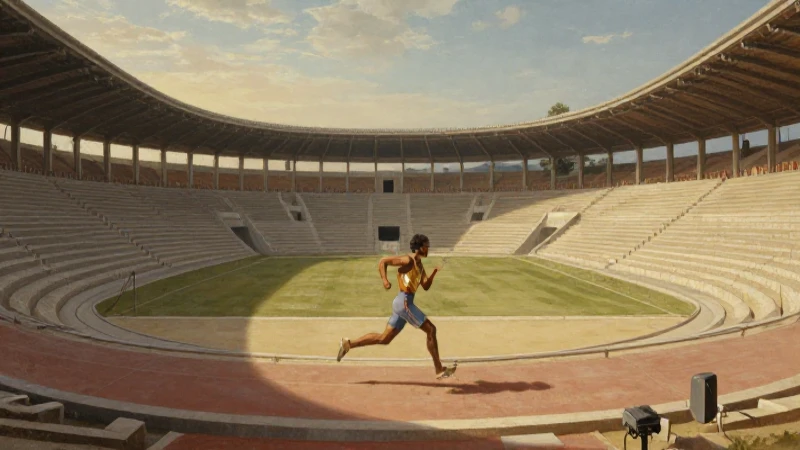 Atleta corriendo en estadio antiguo pintado