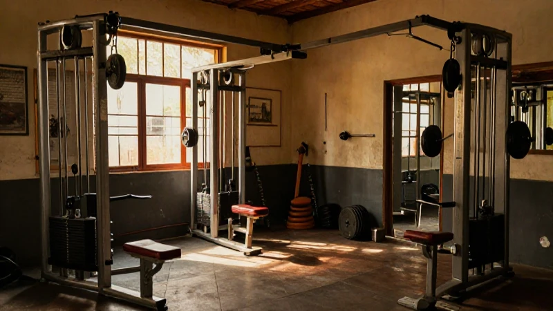 Gimnasio antiguo con iluminación cálida y pesas
