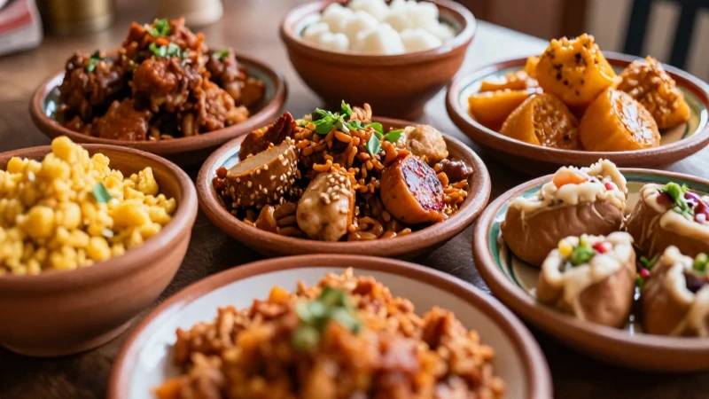 Colorida comida mexicana bajo luz cálida