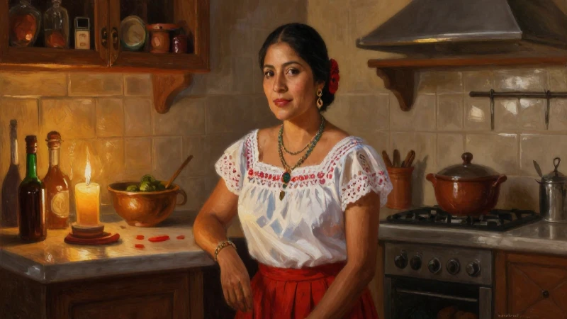 Mujer mexicana en cocina tradicional iluminada