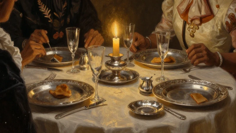Cena mexicana colonial, luz cálida y plata