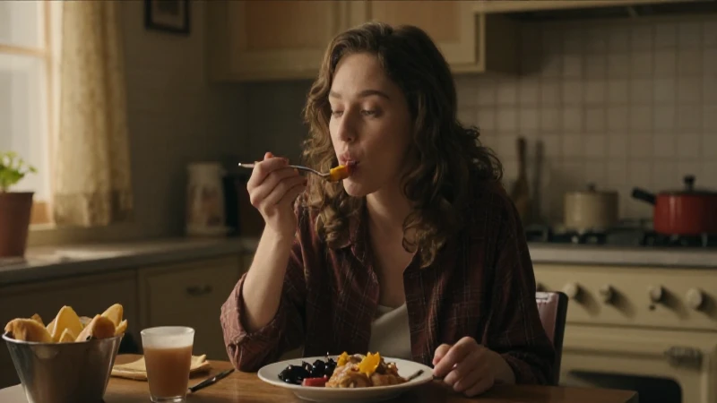 Mujer comiendo en ambiente retro cálido