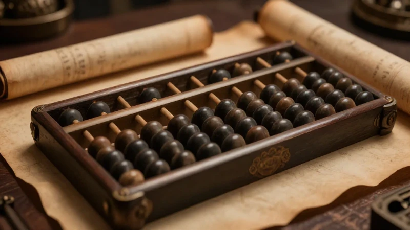Historia de la aritmética: Línea del tiempo de su evolución 8 Ábaco antiguo, pergamino enrollado y luz cinematográfica