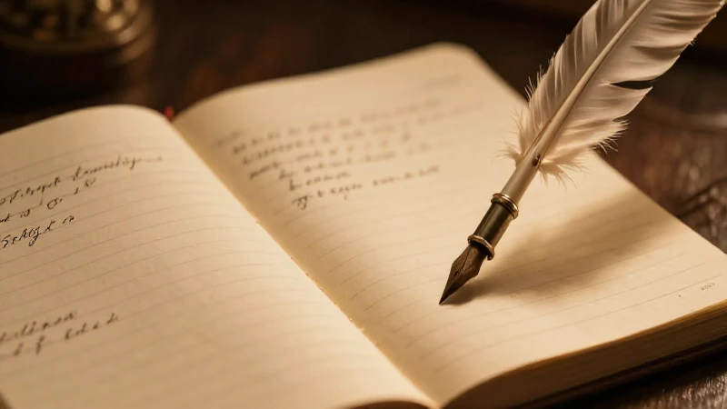 Libro antiguo, pluma y luz cálida