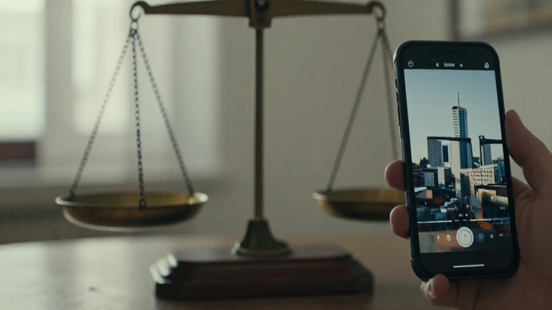 Balanza antigua reflejada en smartphone moderno