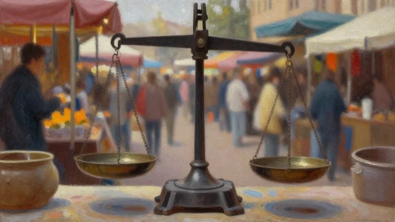 Balanza antigua en mercado, estilo óleo