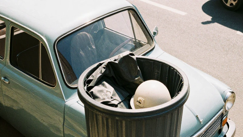 Coche antiguo bajo sol brumoso y basura