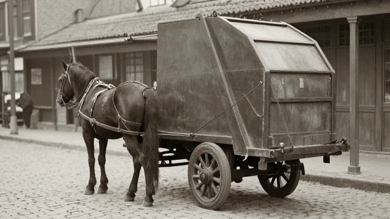 Carroza de basura antigua, calle adoquinada