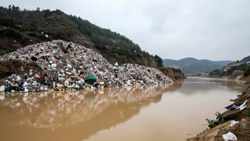 Basura, río contaminado bajo cielo nublado